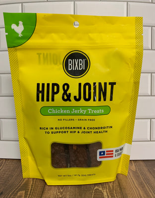 Front of bag of BIXBI Hip & Joint Chicken Jerky Treats